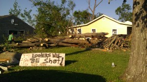 "Looters will be shot" sign. Tanya Mikulas, photographer.