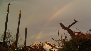 After a thunderstorm on May 3, there was a double rainbow at sunset over my tornadoed neighborhood. Tanya Mikulas, photographer.